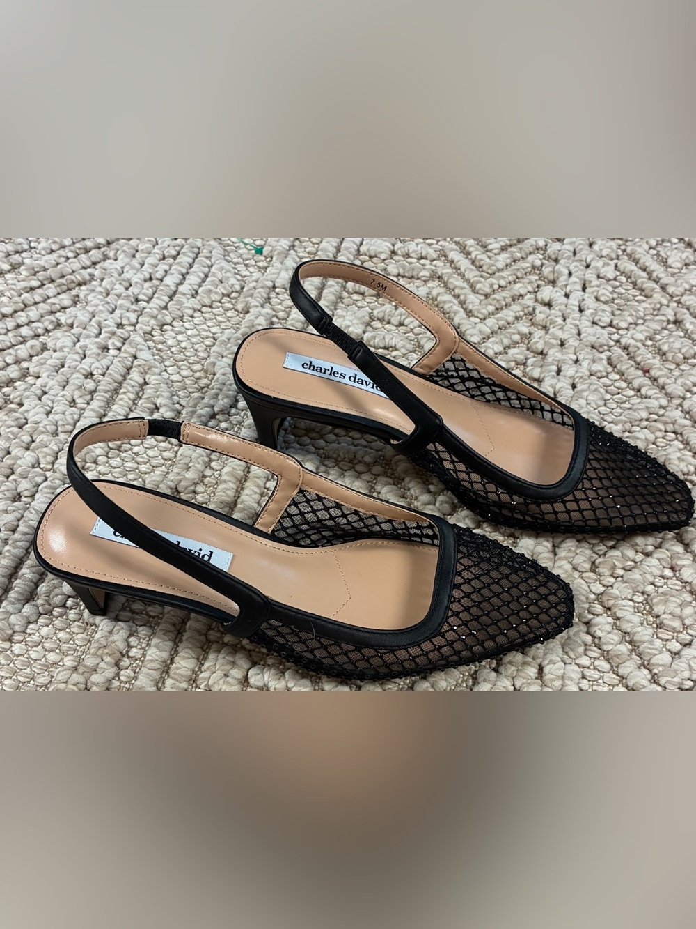 Charles David Black Mesh Rhinestone Slingback Kitten Heels 7.5 M